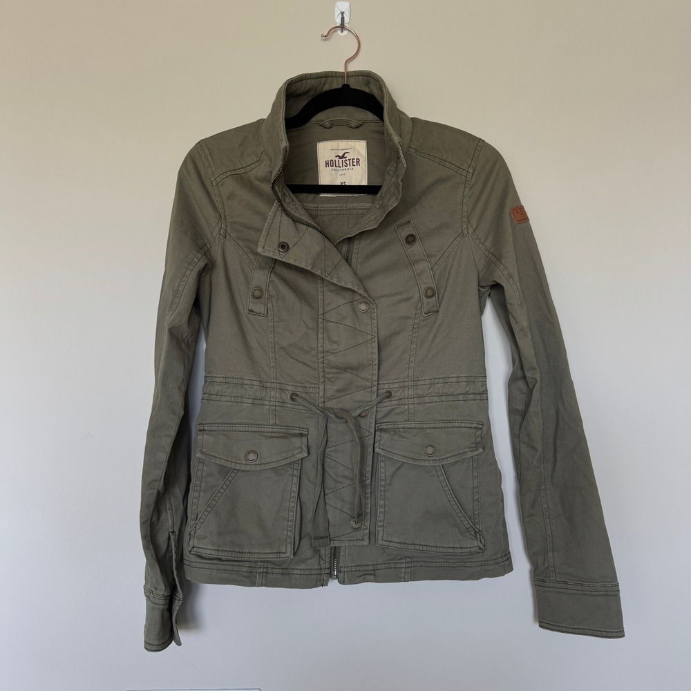 Hollister Olive Green Utility Field Military Jacket XS Full Zip Drawstring